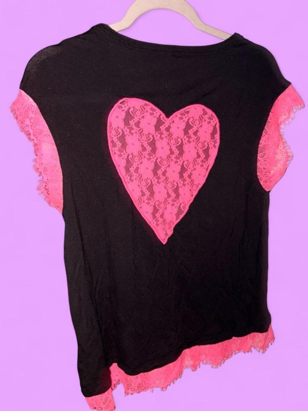Betsey Johnson Black Top with Pink Lace Heart